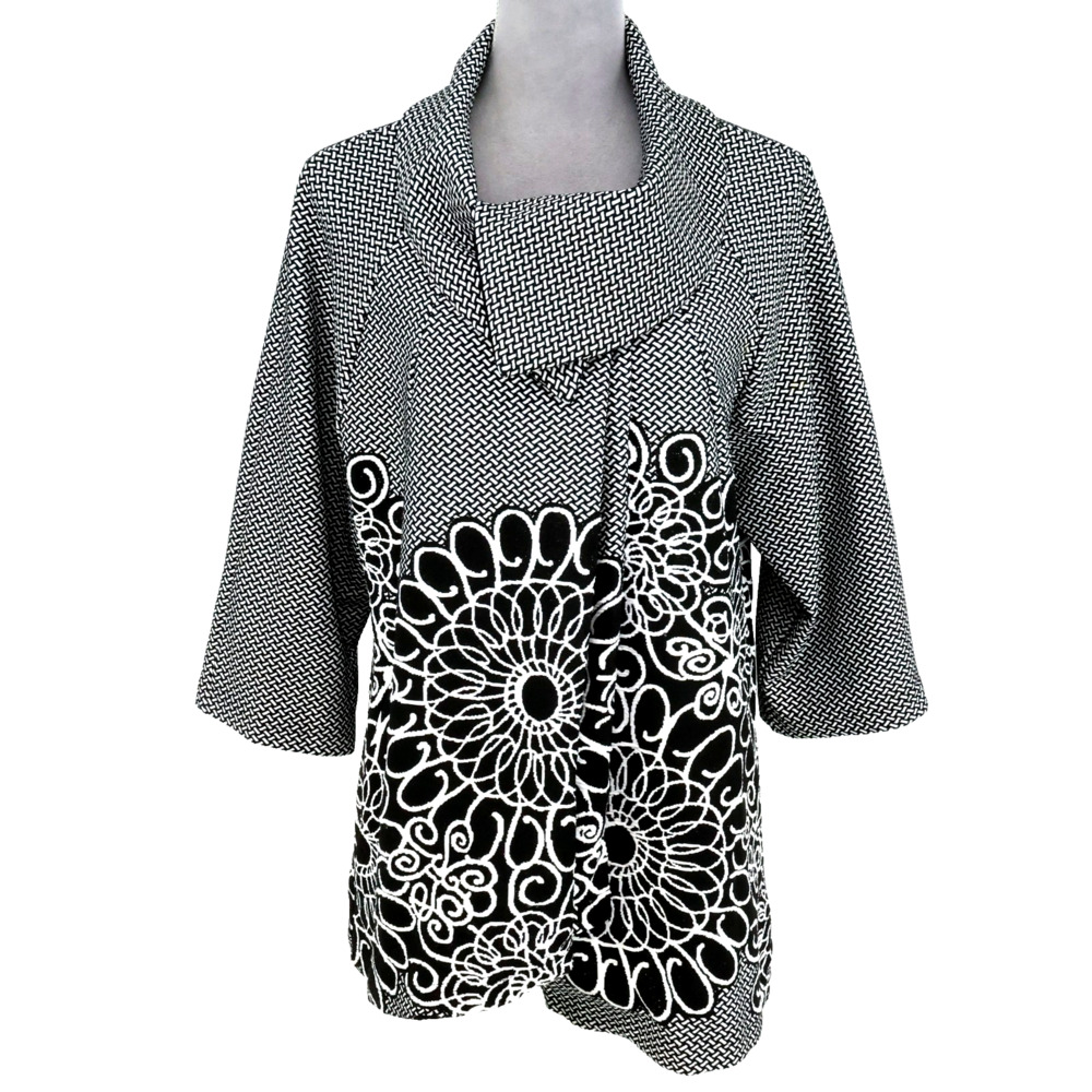 Joseph Ribkoff Jacket Womens 10 Black White Stretch Knit Button Snap Lagenlook